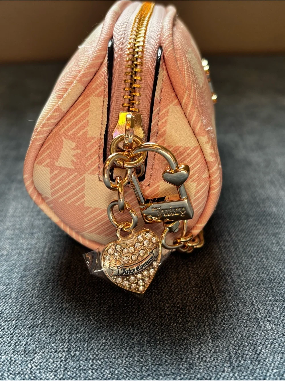 Juicy Couture Pink & Cream Check Wristlet with Gold Chain